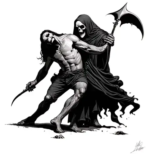 Grim Reaper Being Pushed Away By Man With Shirt Off