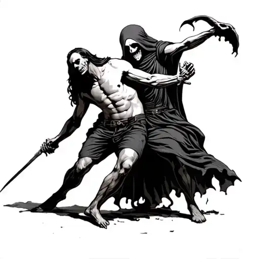 Grim Reaper Being Pushed Away By Man With Shirt Off