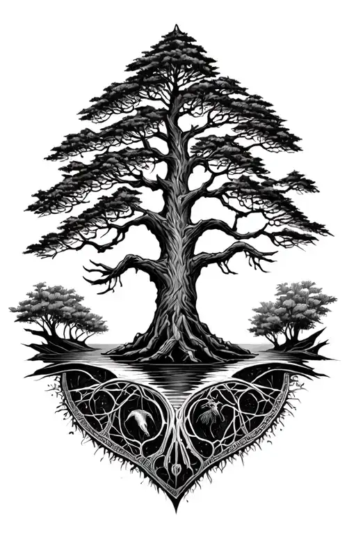 A Tree Of Life Design With Hunting And Fishing Motifs Branching Out Into Intricate Patterns