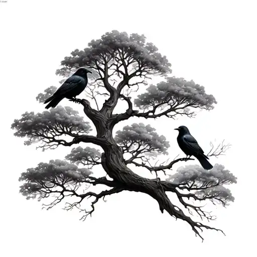 Dormant Oak Tree With Three Crows Sitting On The Branches