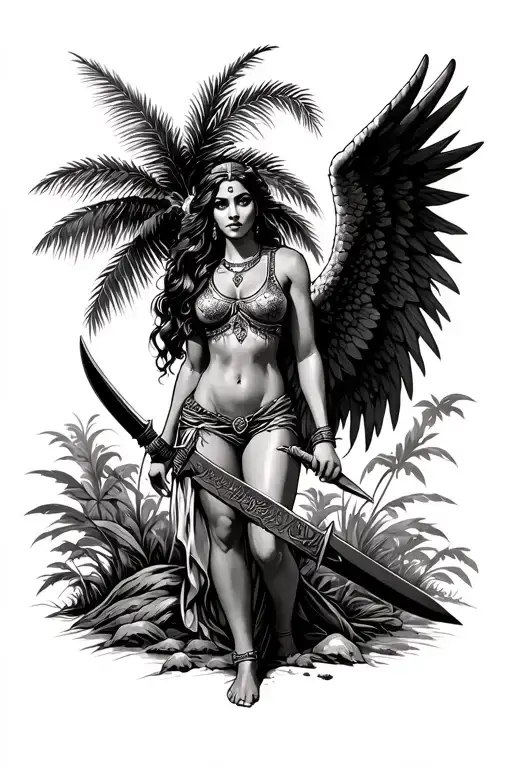 Female Latina Guardian Angel With Long Machete Under A Palm Tree