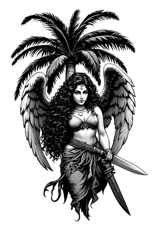 Female Latina Guardian Angel With Curly Hair Holding A Long Machete Under A Palm Tree