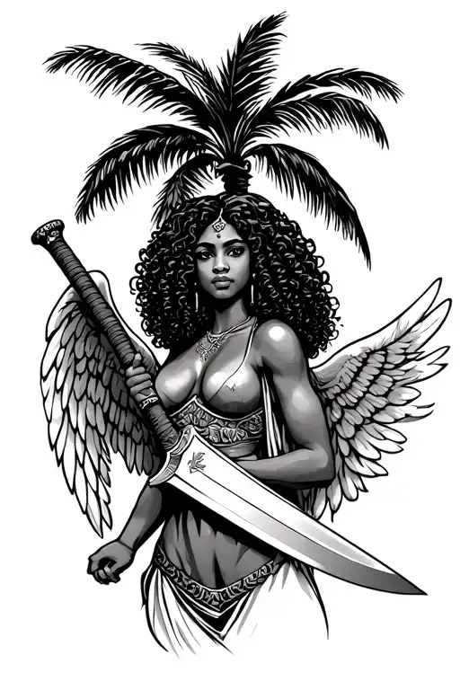 Female Latina Guardian Angel With Curly Hair Holding A Long Machete Under A Palm Tree