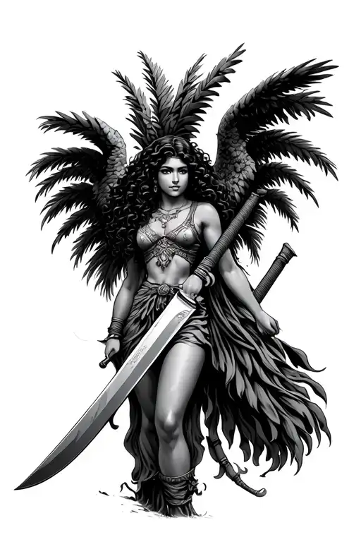 Female Latina Guardian Angel With Curly Hair Holding A Long Machete Under A Palm Tree