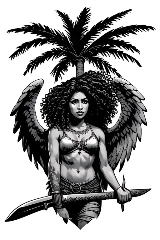 Female Latina Guardian Angel With Curly Hair Holding A Long Machete Under A Palm Tree