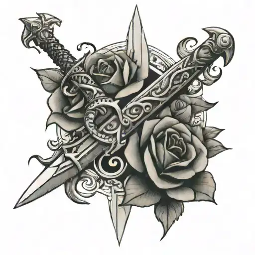 Sword And Snake With Roses And Thorns