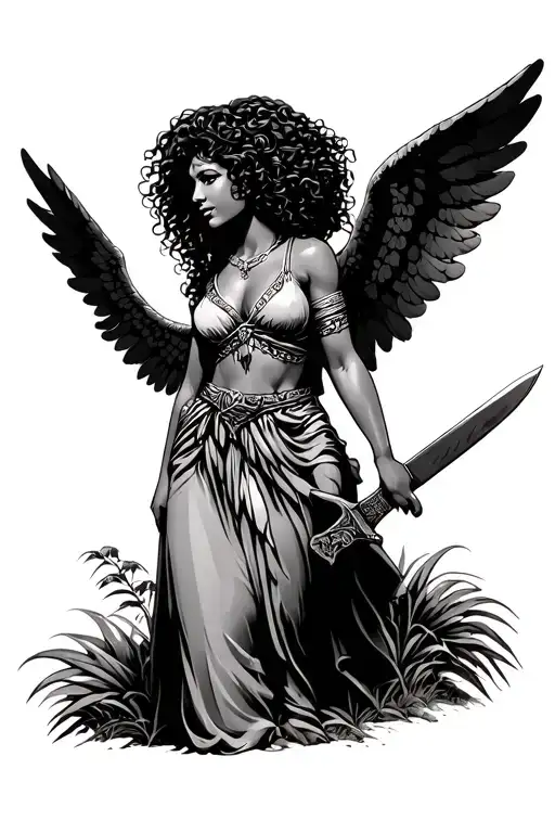 Latina Female Guardian Angel With Curly Hair Holding A Machete Under A Palm Tree