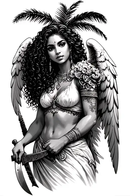 Latina Female Guardian Angel With Curly Hair Holding A Machete Under A Palm Tree