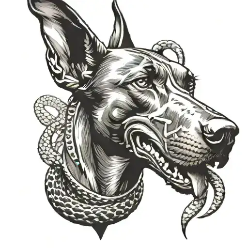 A Doberman's Muzzle With A Snake Wrapped Around It