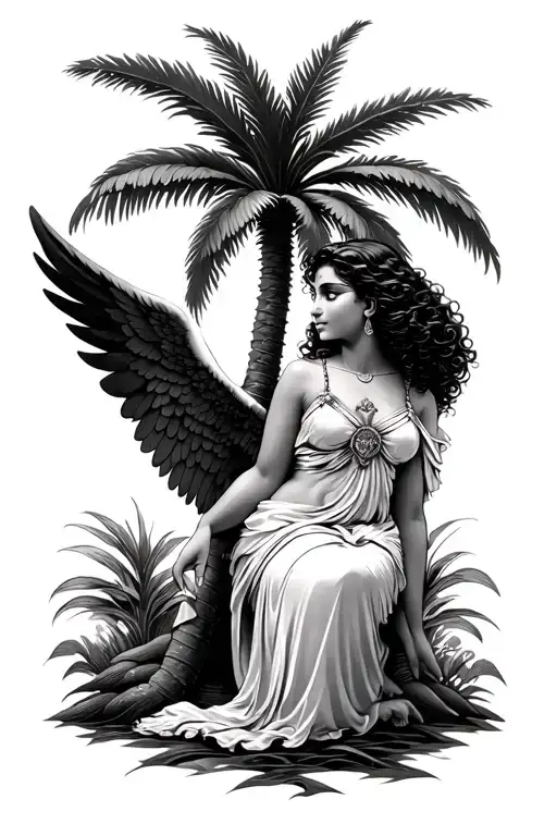 Female Latina Guardian Angel With Curly Hair Under A Palm Tree