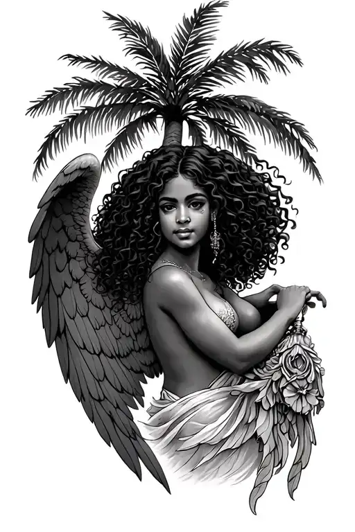 Female Latina Guardian Angel With Curly Hair Under A Palm Tree