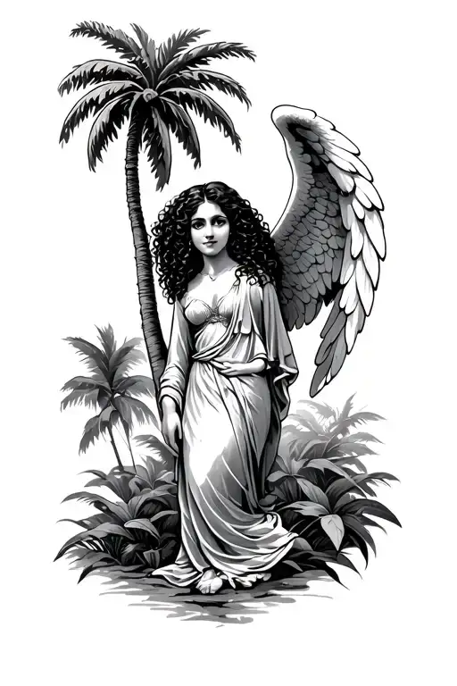 Female Latina Guardian Angel With Curly Hair Under A Palm Tree