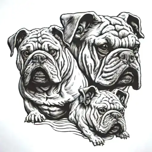 Cerberus As A Bulldog Standing On Skull
