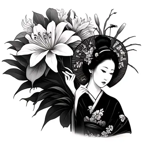 Geisha Holding Fan Surrounded By Spider Lily