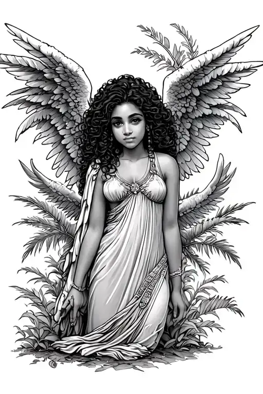 Female Tan Latina Guardian Angel With Curly Hair Under A Palm Tree