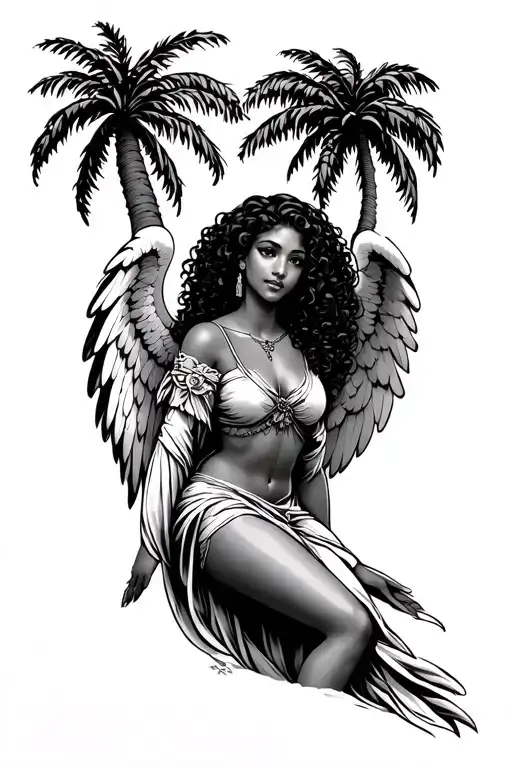 Female Tan Latina Guardian Angel With Curly Hair Under A Palm Tree