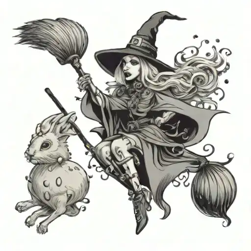 Whimsical Beautiful Ghostly Witch Flying A Broom With Gems And A Rabbit With Her