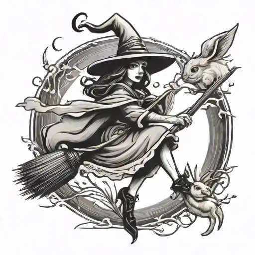Whimsical Beautiful Ghostly Witch Flying A Broom And A Rabbit