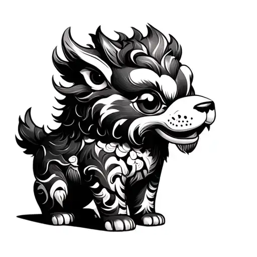 Japanese Foo Dog Protecting A Baby Foo Dog