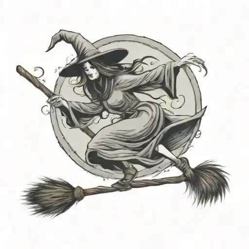 Whimsical Beautiful Ghostly Witch Flying A Broom