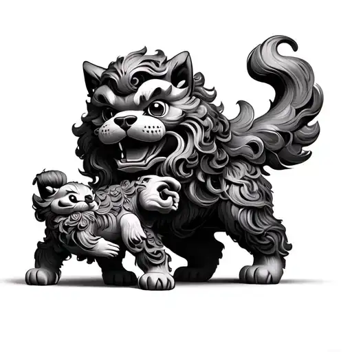 Adult Japanese Foo Dog Protecting A Baby Foo Dog