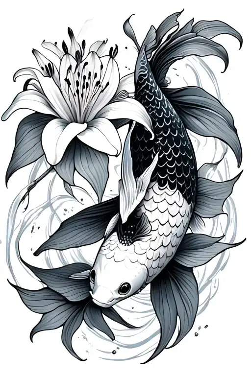 Koi Fish Swimming With Spider Lillies