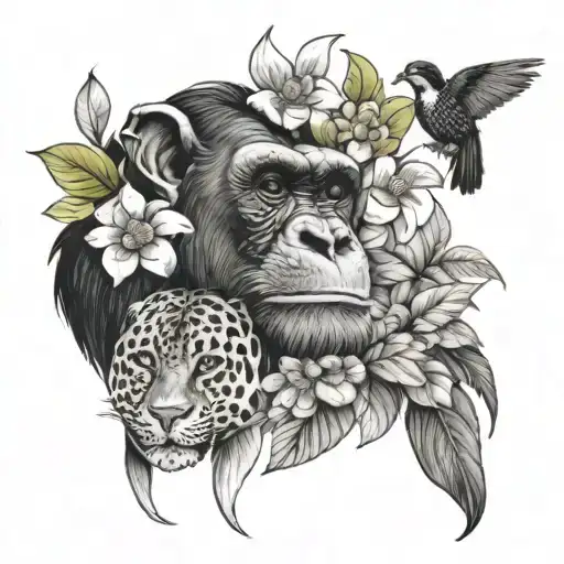 A Chimpanzee With A Jaguar And A Turpial Bird With Flowers
