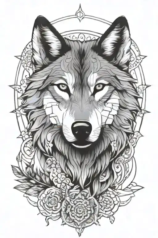 Wolf Front On View With Mandala Design Incorporating Elements