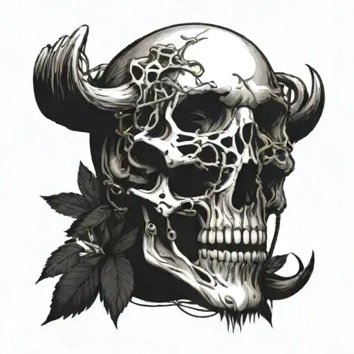 Human Torso With Deer Skull Mask With A Broken Chain And Plants Around It