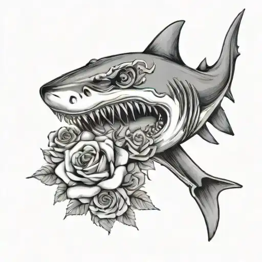 A Shark Jaw Thats Open With Roses Around It And A Snake With Roses For Eyes