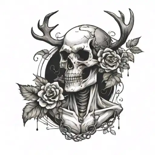 Human Torso With Deer Skull As A Mask With A Broken Chain Around It And With Plants