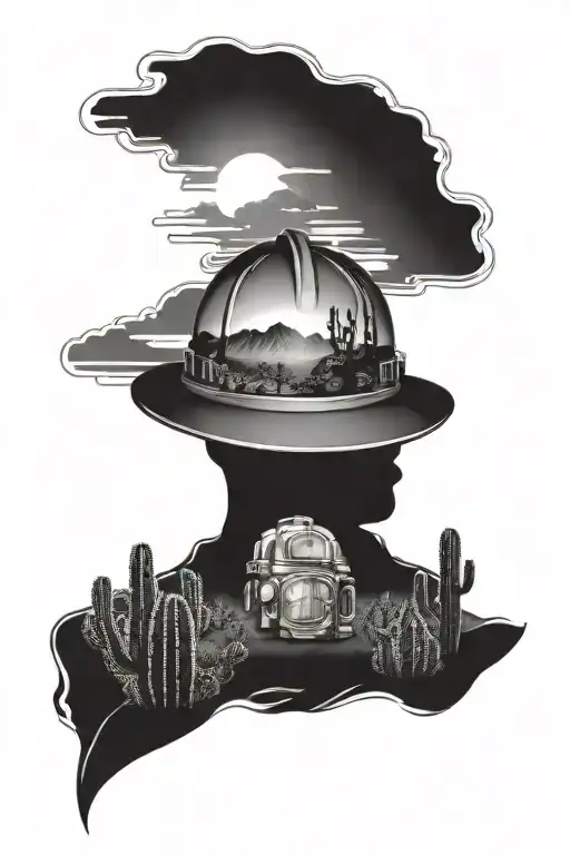 A Black-grey Tattoo Of A Desert Sunset With Cacti And A Firefighter's Helmet In The Foreground