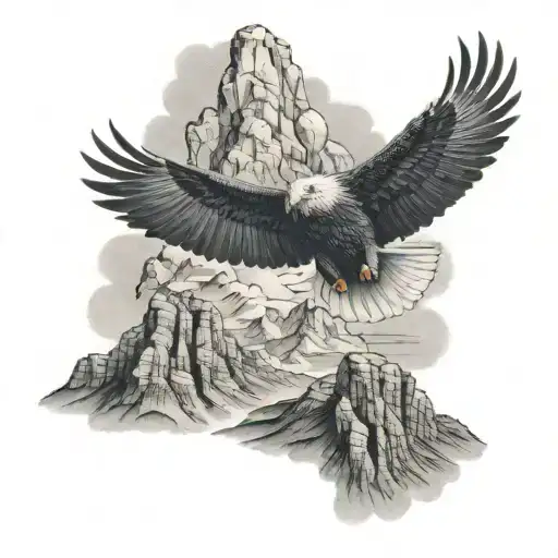 A Black-grey Tattoo Of A Majestic Eagle Flying Over A Mountain Range In Arizona