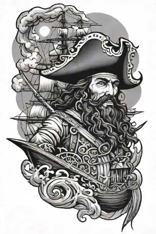 Blackbeard Pirate And Ship Sailing Through Stormy