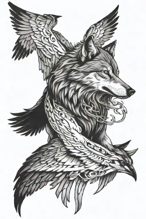 Wolf And Crows Flying