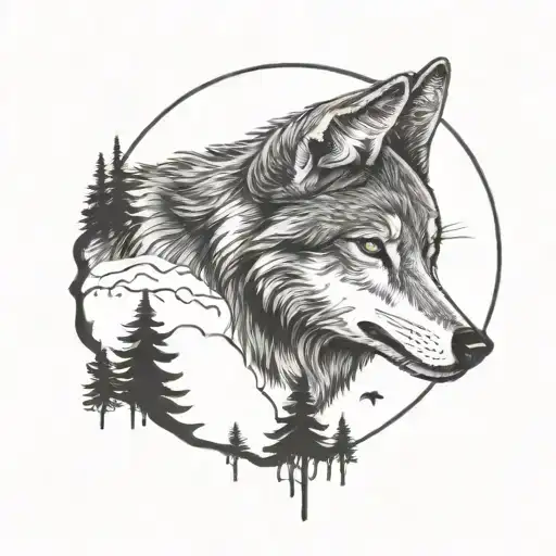 Wolf Wearing A Skip Cap In Front Of A Moon And Trees