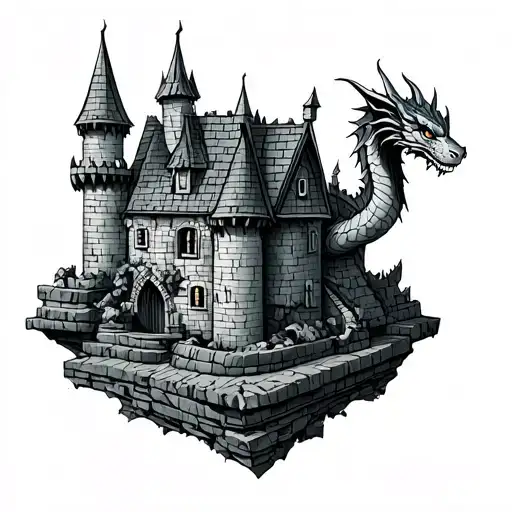 Trad Castle With Little Sleeping Dragon On Roof