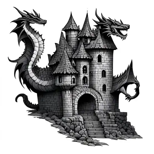 Trad Castle With Little Sleeping Dragon On Roof
