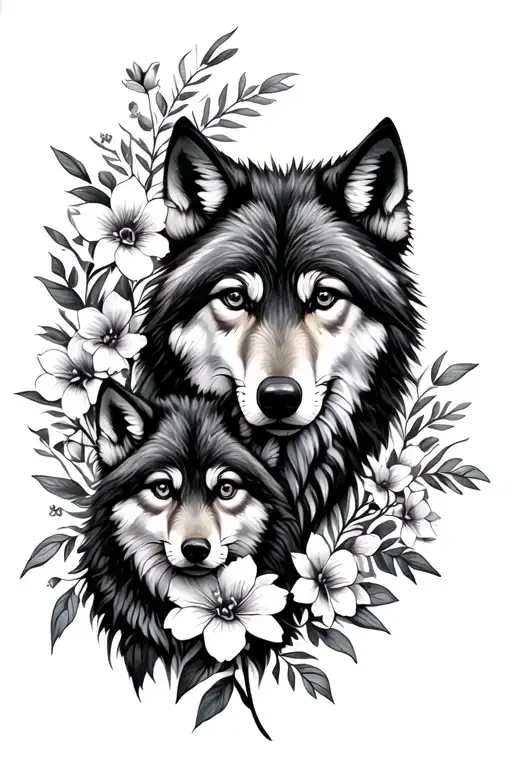 Wolf With Cub And Flowers Negative Space Surrounded