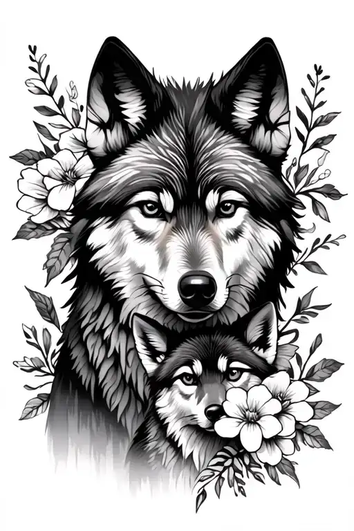 Wolf With Cub Sillouette And Flowers Negative Space Surrounded