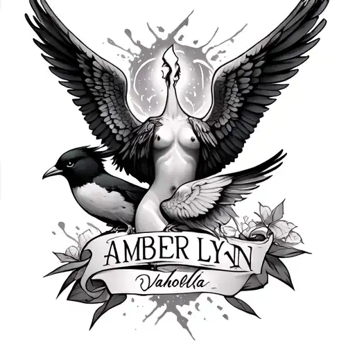 Vaholla Themed Tattoo Featuring Birds A Broken Angel And The Name Amber Lynn