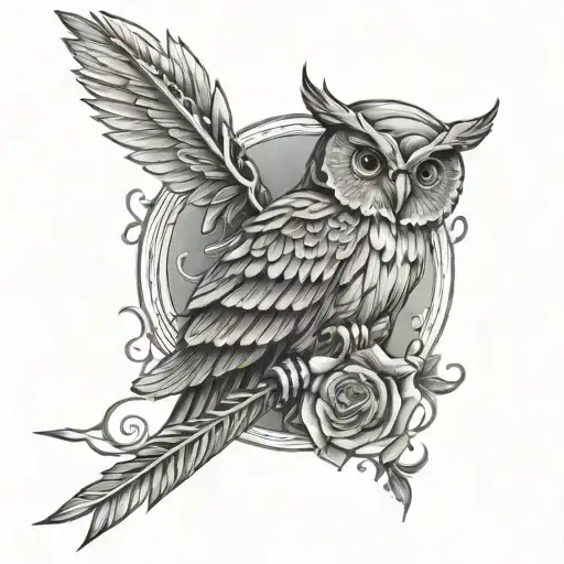 Fine Line Athena Tattoo With Spear And Owl