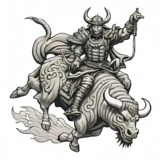 Samurai Warrior Wearing Oni Mask Riding A Bucking Bull In A Rodeo