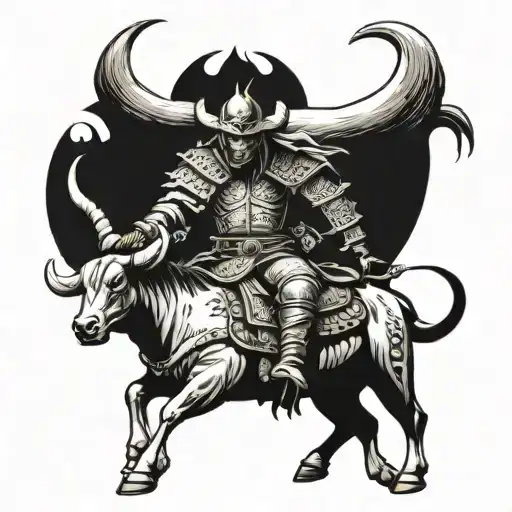 Samurai Warrior Wearing Oni Mask Riding A Bucking Texas Longhorn In A Western Rodeo