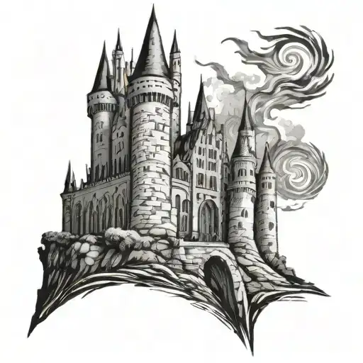 Please Create A Tattoo Black And White In Van Gogh Style Of Castle Hogwarts