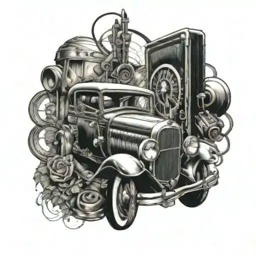 A Tattoo Design Incorporating A Vintage Car Surrounded By Musical Instruments