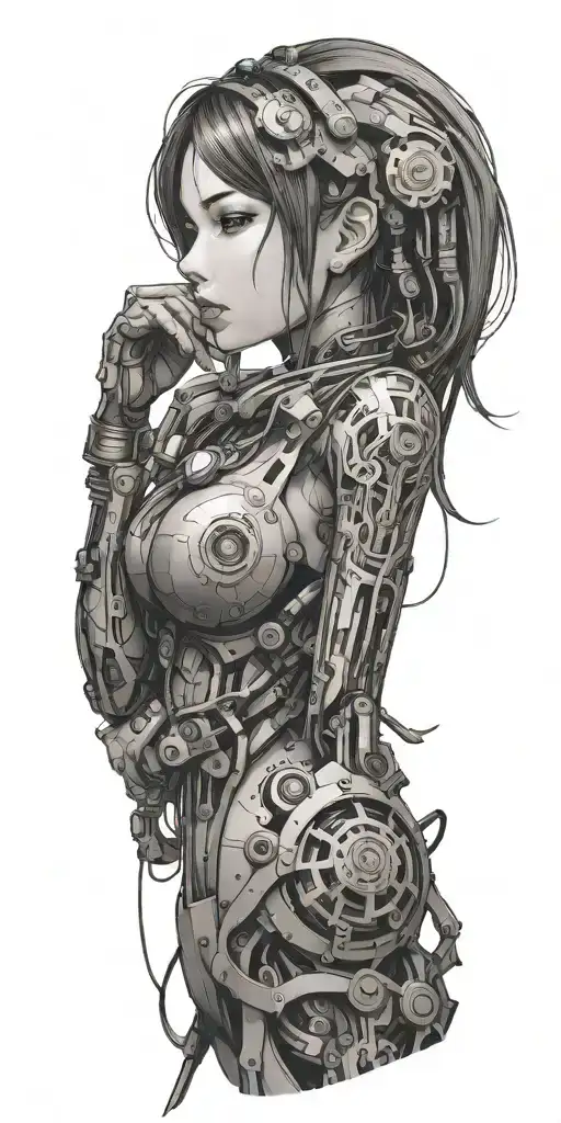 A Seductive Anime Girl With Intricate Mechanical Cybernetic Enhancements