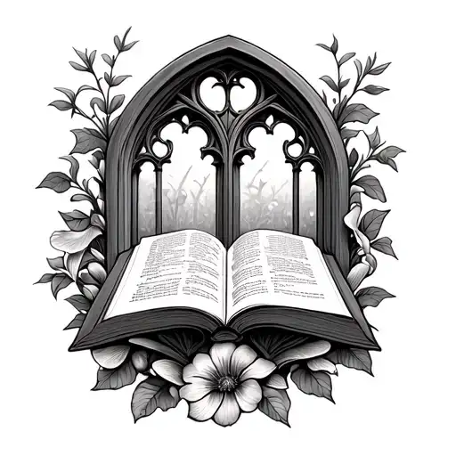 Gothic Architecture Window With Open Book And Flowers Or Mushrooms Intertwined Tattoo Design Id