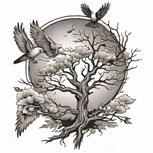 Dead Tree Across The Forearm With Doves Flying Towards The Sun