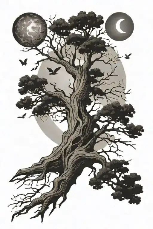 Dead Tree Across The Forearm With Doves Flying Towards The Sun